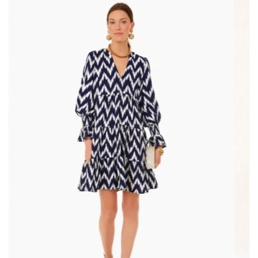 Pomander Place Navy & White Zigzag Tiered V-Neck Mini Dress